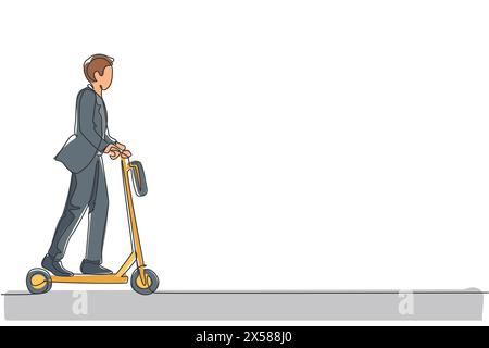 Un dessin de ligne continue de jeune homme travailleur monter scooter électrique pour aller au bureau. Transport vert. Futur concept de style de vie urbain. Dynam Illustration de Vecteur