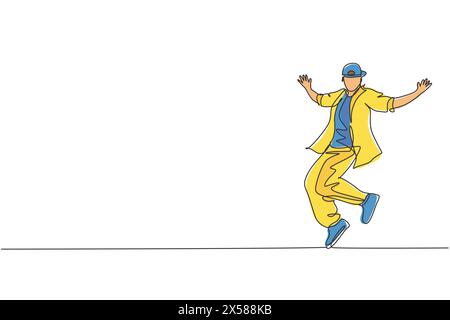 Un dessin en ligne continue de jeune homme danseur de break sportif avec chemise décontractée montre le style de danse hiphop dans la rue. Concept de sport urbain. D Illustration de Vecteur