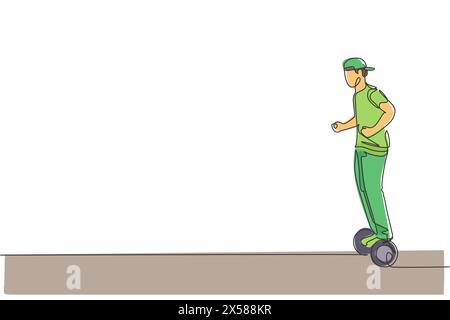 Un dessin simple ligne de jeune homme énergique chevauchant hoverboard au parc de la ville illustration graphique vectorielle. Futur transporteur. Mode de vie sain sport Illustration de Vecteur