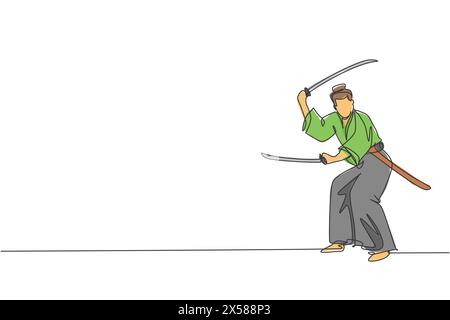 Un dessin d'une seule ligne de jeune guerrier samouraï japonais tenant une épée katana pratiquant au centre dojo illustration vectorielle graphique. Combative martia Illustration de Vecteur