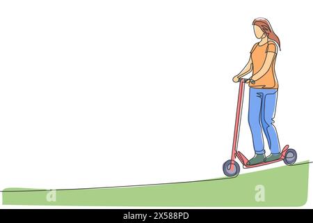 Ligne continue unique dessinant jeune femme heureuse chevauchant scooter électrique dans la zone publique. Transport respectueux de l'environnement. Concept de style de vie urbain. Tendance Illustration de Vecteur