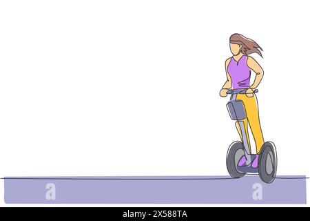 Un dessin simple ligne de jeune femme énergique chevauchant scooter électrique de coup de pied à l'illustration vectorielle de parc de la ville. Transports futurs. Mode de vie sain sp Illustration de Vecteur