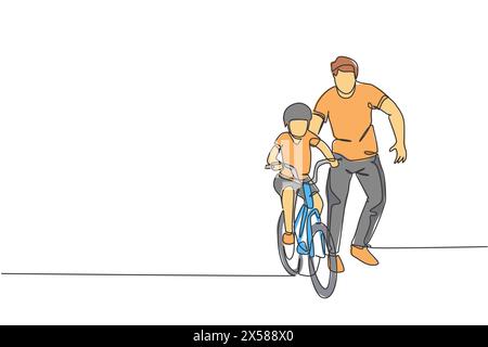 Un dessin au trait continu du jeune père aide son fils à apprendre à faire du vélo à la campagne ensemble. Concept de leçon parentale. Unique dynamique Illustration de Vecteur