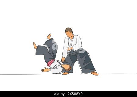 Dessin en ligne continue unique de deux jeunes hommes sportifs portant un kimono pratiquent le lancer dans la technique de combat de l'aïkido. Concept d'art martial japonais. Illustration de Vecteur