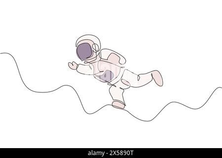 Un dessin d'une seule ligne d'un jeune astronaute en combinaison spatiale volant à l'espace extra-atmosphérique illustration graphique vectorielle. Spaceman aventure concept d'espace galactique. Illustration de Vecteur