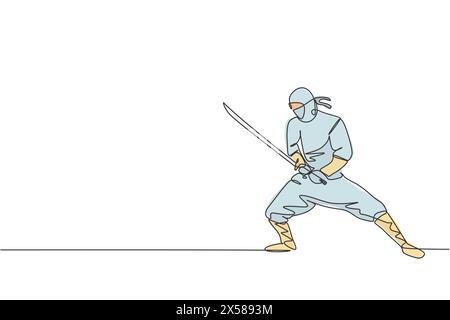 Un dessin d'une seule ligne représentant un jeune ninja traditionnel japonais énergique tenant une épée de samouraï sur une illustration vectorielle de pose d'attaque. Art martial combatif Illustration de Vecteur