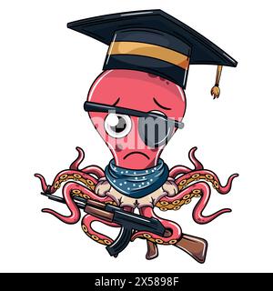 Personnage de poulpe triste de dessin animé avec chapeau de graduation et un fusil de chasse dans son tentacule. Illustration pour bandes dessinées fantastiques, science-fiction et aventure Illustration de Vecteur