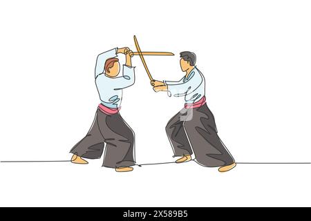Dessin en ligne continue unique de deux hommes sportifs portant la technique de combat aikido sparring de kimono pratique avec épée en bois. Art martial japonais con Illustration de Vecteur