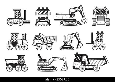 Une collection de dessins en noir et blanc de véhicules de construction. Les véhicules comprennent un bulldozer, un camion à benne basculante, une grue et un chariot élévateur. Le drawin Illustration de Vecteur