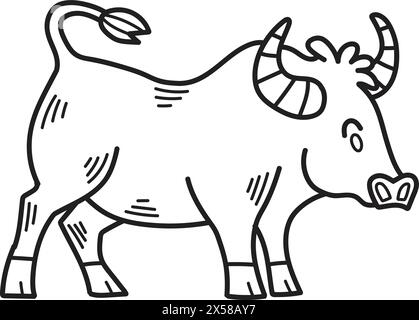 Une vache de dessin animé avec des cornes et une grande bouche. La vache est debout dans un champ. La vache sourit et regarde la caméra Illustration de Vecteur