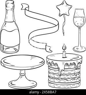 Dessin monochrome de Drinkware, bouchon de bouteille, verre, gâteau avec des étincelles Illustration de Vecteur