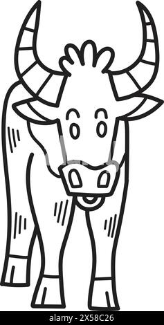 Une vache de dessin animé avec des cornes et une grande bouche. La vache est debout dans un champ. La vache sourit et regarde la caméra Illustration de Vecteur