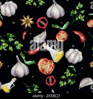 Motif sans couture. Aquarelle gousses d'ail, brins persil, tomates, étoile d'anis, piments, huile d'olive. Fond noir. Menus, livres de cuisine, recette Banque D'Images