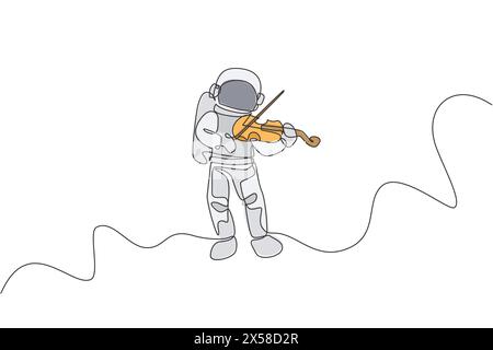 Dessin en ligne continue unique d'astronaute jouant un instrument de musique de violon de beauté dans la galaxie cosmique. Concept de concert de musique de l'espace extra-atmosphérique. Tendance un l Illustration de Vecteur