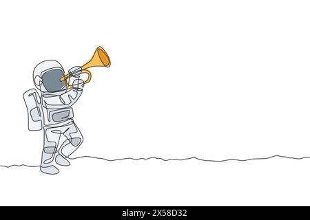 Une seule ligne dessinant Spaceman jouant un instrument de musique de trompette dans l'illustration vectorielle graphique de surface de lune. Affiche de concert de musique avec Astro de l'espace Illustration de Vecteur