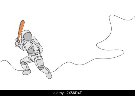 Un dessin au trait continu d'astronaute jouant au baseball dans la galaxie spatiale lointaine. Concept de sport de fitness sain Spaceman. Graphique de dessin dynamique à ligne unique Illustration de Vecteur