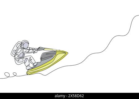 Dessin en trait continu unique d'astronaute utilisant jetski sur la surface de la lune, l'espace extra-profond. Astronomie spatiale galaxie concept de sport. Dessin tendance d'une ligne Illustration de Vecteur