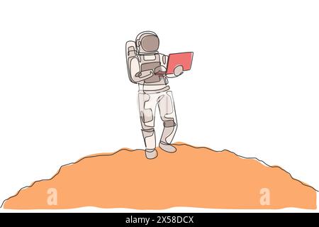 Dessin en ligne continue unique de l'astronaute debout dans la surface de la lune tout en tapant à l'aide d'un ordinateur portable. Bureau d'affaires avec concept d'espace extra-atmosphérique galaxie. Tendance Illustration de Vecteur