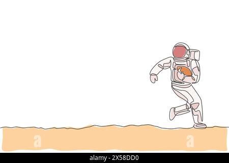 Une seule ligne dessinant astronaute spatial pratique le football américain dans l'illustration vectorielle de galaxie cosmique. Mode de vie sain du cosmonaute de l'espace extra-atmosphérique s. Illustration de Vecteur