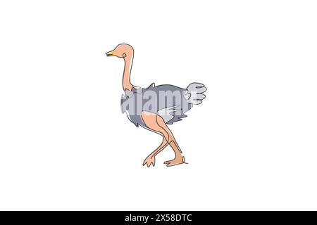 Dessin d'une seule ligne continue de gros oiseau d'autruche mignon. Conservation des parcs nationaux d'animaux en voie de disparition. Concept Safari zoo. Dessin tendance à une ligne Illustration de Vecteur