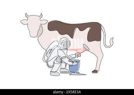 Un dessin en ligne continue d'astronaute spatial accroupit la vache trayeuse et la mit dans un seau de canette de lait à la surface de la lune. Astronaute agricole de l'espace lointain co Illustration de Vecteur