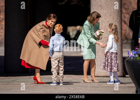 La reine Mary et la reine Silvia arrivent pour le petit déjeuner officiel de la ville de Stockholm à l'hôtel de ville, mardi 7 mai 2024. Le couple de princesse de la couronne suédoise et le prince Carl Philip et la princesse Sofia participent également au petit déjeuner. Lundi et mardi, le couple royal danois effectue sa première visite d’État en Suède. Lors de la visite d’Etat, le couple royal rencontrera entre autres des astronautes danois et suédois, visitera la station de la flotte Berga et assistera à un dîner de gala au Palais Royal. (Photo : IDA Marie Odgaard/Ritzau Scanpix) Banque D'Images