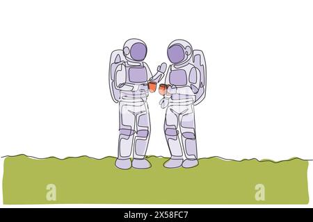 Une seule ligne continue dessinant deux jeunes astronautes debout et parlant tout en buvant du café dans la surface de la lune. Space Man concept de galaxie cosmique. Tendance Illustration de Vecteur