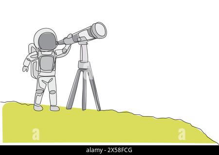 Un dessin en ligne continue d'un jeune astronaute heureux regardant la galaxie à l'aide d'un télescope dans la surface de la lune. Space Man concept d'espace profond. Ligne unique dynamique Illustration de Vecteur