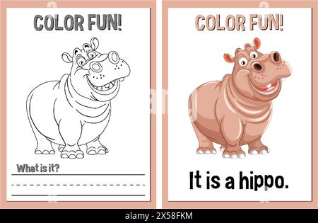 Activité de coloriage éducative avec un hippopotame heureux Illustration de Vecteur