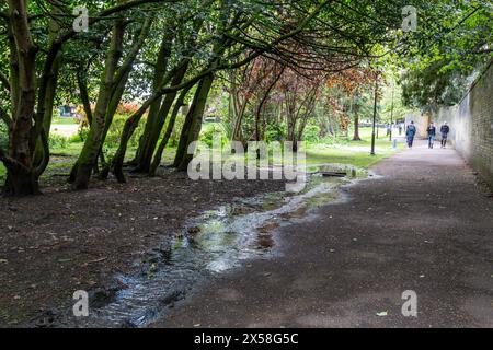 De l'eau fuit sous un couvercle de drain sur Christ's PIECES, Cambridge, Angleterre, Royaume-Uni. La compagnie locale des eaux est Cambridge Water. Banque D'Images