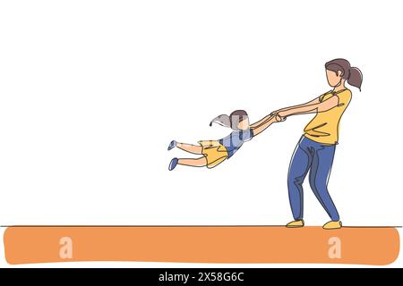 Un dessin simple ligne de jeune maman heureuse élevant et tournant sa fille autour de l'air à la maison illustration graphique vectorielle. Famille parenthoo Illustration de Vecteur