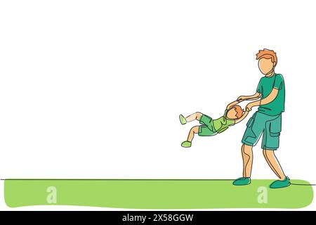 Une seule ligne dessinant jeune papa jouant avec son fils, soulevant et balançant son corps, parenting illustration vectorielle graphique. Famille heureuse jouant tog Illustration de Vecteur