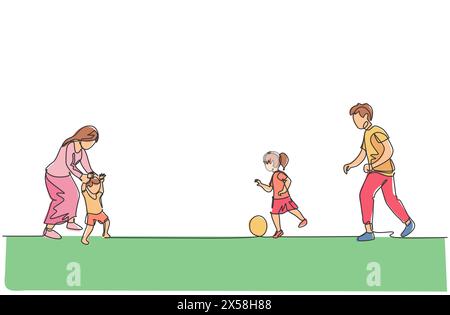 Un dessin simple ligne de jeune père jouant au football avec sa fille tandis que la mère apprend à son fils à marcher au champ illustration vectorielle. Famille heureuse pare Illustration de Vecteur