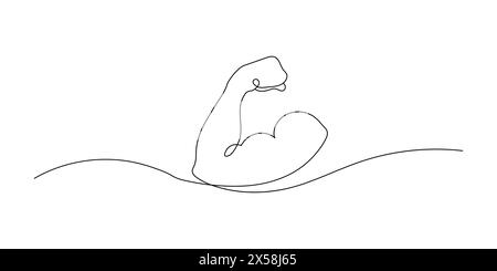 La main de l'homme montre un poing sur les biceps en ligne. Concept de dessin vectoriel continu d'une ligne de force et de masculinité, sport. Illustration de Vecteur