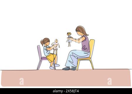 Un dessin simple ligne de la jeune maman et sa fille se trouvant sur la chaise et jouant la poupée princesse ensemble à la maison illustration vectorielle. Bonne famille Illustration de Vecteur