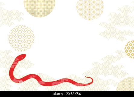 Carte de voeux du nouvel an 2025 année du serpent avec serpent rouge et fond de motif japonais, illustration vectorielle Illustration de Vecteur