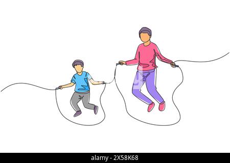 Ligne continue unique dessinant le jeune père et son fils exercice de saut avec la corde à sauter au parc près de la maison. Concept de parentalité familiale heureuse. Tendance Illustration de Vecteur