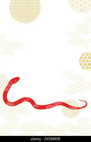 Carte de voeux du nouvel an 2025 année du serpent avec serpent rouge et fond de motif japonais, illustration vectorielle Illustration de Vecteur