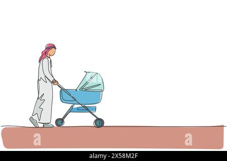 Un dessin au trait continu d'un jeune père arabe marchant et poussant le chariot de bébé au centre commercial. Concept de parentalité familiale heureuse musulmane islamique. Sing dynamique Illustration de Vecteur