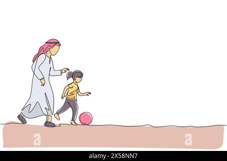 Un dessin simple ligne de jeune papa arabe jouant au football avec sa fille fille au champ Park illustration vectorielle. Heureuse famille musulmane pare Illustration de Vecteur