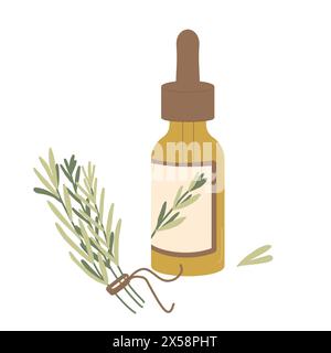 Huile essentielle de romarin isolé sur fond blanc. Bouteille compte-gouttes en verre ambré d'huile avec des feuilles vertes de branche d'herbes fraîches. Vecteur simple dessiné à la main i Illustration de Vecteur