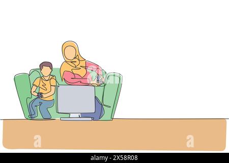 Un dessin en ligne continue de la jeune mère islamique jouer à un jeu de console avec son fils ensemble à la maison. Heureux concept de famille parentale musulmane arabe. Dy Illustration de Vecteur