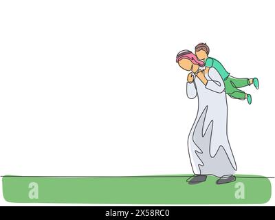 Un dessin au trait continu du jeune père arabe jouant avec son fils et le tenant sur le dos. Heureux concept de famille musulmane parentale musulmane. Dynam Illustration de Vecteur