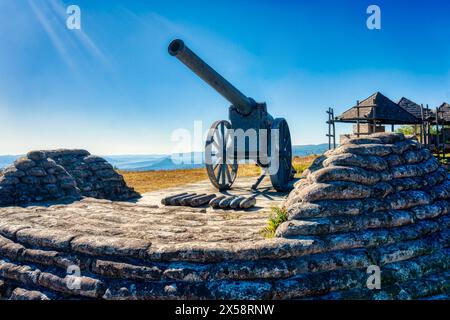 Long Tom Monument, History, Mpumalanga, Afrique du Sud, un canon de campagne français commémorant la dernière utilisation des canons Boer 155 mm Creusot long Tom pendant la TH Banque D'Images