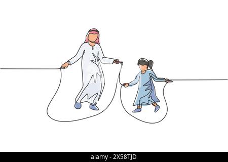 Un dessin en ligne continue de jeune père islamique et fille jouent à la corde à sauter et sauter au parc. Heureux concept de famille parentale musulmane arabe. D Illustration de Vecteur