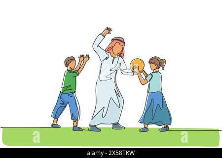 Un dessin en ligne continue de jeune papa islamique jouant au ballon avec son fils et sa fille sur le terrain extérieur. Heureux concept de famille parentale musulmane arabe. D Illustration de Vecteur