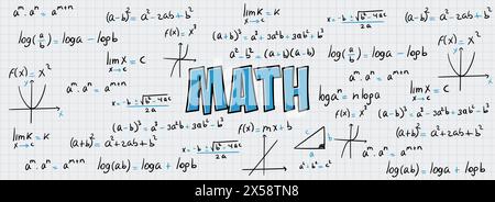 Exercices mathématiques, formules et équations pour le calcul, algèbre avec fond de feuille de grille. Notes scolaires et universitaires, fonctions, potentialisation, logarit Illustration de Vecteur