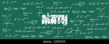 Exercices de mathématiques, formules et équations pour le calcul, algèbre avec fond d'ardoise verte. Notes scolaires et universitaires, fonctions, potentialisation, logari Illustration de Vecteur