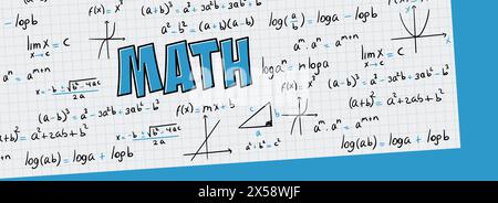 Exercices de mathématiques, formules et équations pour le calcul, algèbre avec feuille de grille et fond bleu. Notes scolaires et universitaires, fonctions, potentialisation Illustration de Vecteur
