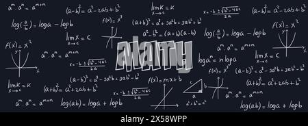 Exercices de mathématiques, formules et équations pour le calcul, algèbre avec fond noir. Notes scolaires et universitaires, fonctions, potentialisation, logarithmes, Illustration de Vecteur